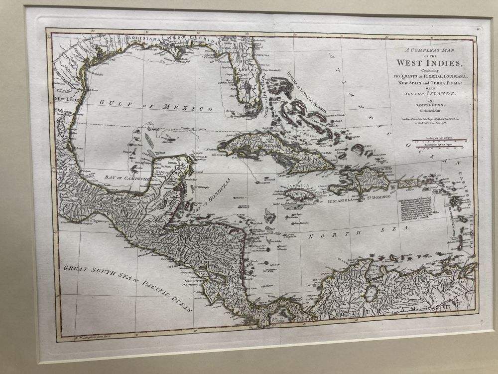 Samuel Dunn, coloured engraving, A Complete Map of the West Indies 1786, overall 34 x 48cm